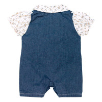 MACACÃO CURTO JEANS PARA BEBÊ BORDADO E FLORES CREME