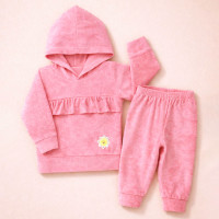 Conjunto Plush Bebê Menina com Babadinho e Capuz Toque Macio Rosa 