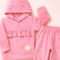 Conjunto Plush Bebê Menina com Babadinho e Capuz Toque Macio Rosa 