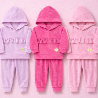Conjunto Plush Bebê Menina com Babadinho e Capuz Toque Macio Rosa Claro