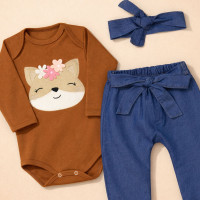 CONJUNTO PARA BEBÊ BODY E CALÇA JEANS BORDADO RAPOSA CHOCOLATE