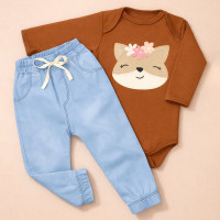 Conjunto para Bebê Body e Calça Jeans Bordado Raposa Chocolate