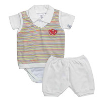 CONJUNTO CURTO PARA BEBÊ BODY POLO COM COLETINHO LISTRADO CREME