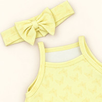 Macacão Curto Bebê Amarelo Com Faixinha De Cabelo Veste Até 12 Meses