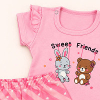 Conjunto Bebê Blusa Com Babado E Shorts Moletinho Estampado Rosa Claro Até 12 Meses