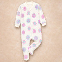 Macacão Fleece Infantil Zíper Solinha Antiderrapante Estampado Flores 12 a 24 Meses