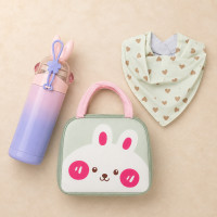 Kit 3 Peças Bebê Lancheira Térmica Garrafinha Inox Babador Menina Creme