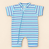Macacão Romper Bebê Estampado Listras Azul Em Malha Macelin De 0 A 12 Meses