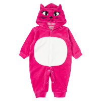 MACACÃO LONGO EM PLUSH PARA BEBÊ CAPUZ BORDADO GATINHA PINK