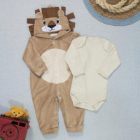Macacão Plush e Body Suedine - Leão Bege para Bebês