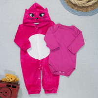 Macacão para Bebê Plush e Body Suedine Conjunto Gatinha Pink