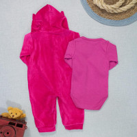 Macacão para Bebê Plush e Body Suedine Conjunto Gatinha Pink