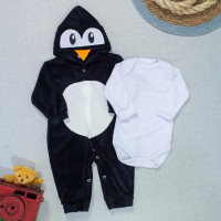 Macacão para Bebê em Plush e Body em Suedine Pinguim Preto
