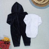 Macacão para Bebê em Plush e Body em Suedine Pinguim Preto