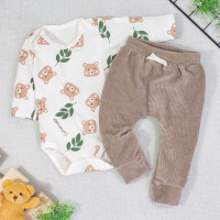 Conjunto de Bebê com Body e Calça Plush Cotele Bordado Urso