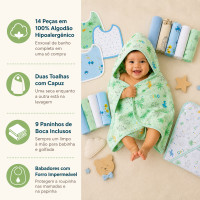Kit Banho e Cuidado Diário do Bebê Com 14 Peças Em Algodão Hipoalergênico Estampa Borboletas
