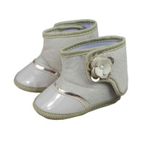 BOTINHA PARA BEBÊ CANO BAIXO FLORZINHA VERNIZ BEGE KETO