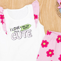 Conjunto Verão Infantil Babado Cotton Floral Menina Creme