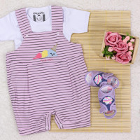 Jardineira com Body Manga Curta para Bebê Bordado Sorvete Rosa Claro