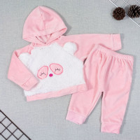 CONJUNTO PARA BEBÊ LONGO PLUSH COM CAPUZ E PELUCIA BORDADO ROSA CLARO