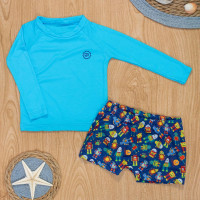 Moda Praia Infantil UV50+ com Camiseta e Sunga Azul Robôs