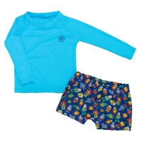 Moda Praia Infantil UV50+ com Camiseta e Sunga Azul Robôs