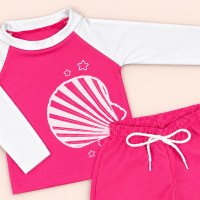 Conjunto de Praia Infantil Até 3 anos Camiseta UV 50+ e Shorts Mágico Pink e Branco