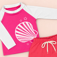 Conjunto de Praia Infantil Até 3 anos Camiseta UV 50+ e Shorts Mágico Pink e Framboesa