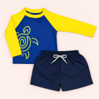 Conjunto de Praia Infantil Até 3 anos Camiseta UV 50+ e Shorts Mágico Royal e Amarelo