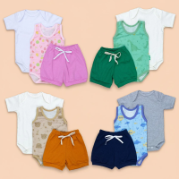 Conjunto Trio Bebê Verão Total com Body Regata, Body Curto e Shorts Rosa