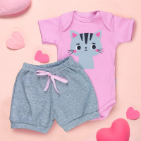 Conjunto Curto Bebê Gatinha Mescla - Look Fresquinho e Fofo