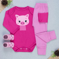 Conjunto Bebê Body Manga Longa Estampa, Calça com Pé Reversível e Pantufa