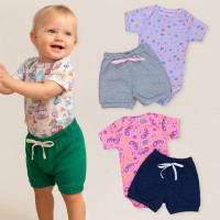 Look Bebê Menina Body Curto e Shorts 100% Algodão Lilás e Mescla
