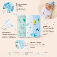 Kit 3 Cueiros Luxo Flanelados Bebê 100% Algodão Hipoalergênico 100x80cm Estampadinho Neutro