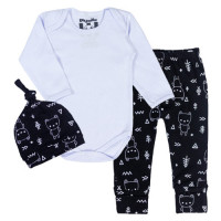 CONJUNTO LONGO COM TOUCA PARA BEBÊ ESTAMPADINHO BRANCO E PRETO