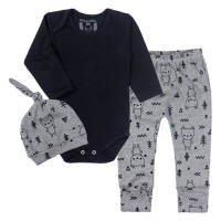 CONJUNTO LONGO COM TOUCA PARA BEBÊ ESTAMPADINHO PRETO E MESCLA