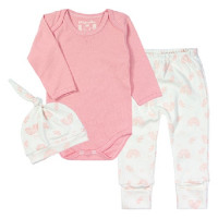 CONJUNTO LONGO COM TOUCA PARA BEBÊ ESTAMPADINHO ROSÊ E CREME