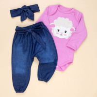 CONJUNTO PARA BEBÊ BODY E CALÇA JEANS BORDADO OVELHA LAVAGEM ESCURA