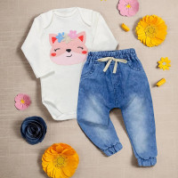 Conjunto para Bebê Body e Calça Jeans Bordado Raposa Creme