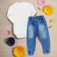 Conjunto para Bebê Body e Calça Jeans Bordado Raposa Creme