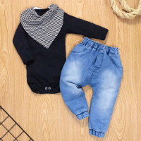 CONJUNTO PARA BEBÊ BODY LONGO E CALÇA JEANS COM BANDANA PRETO