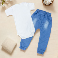 Conjunto Infantil Body Curto e Calça Jeans Off White Neutro