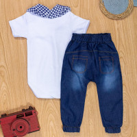 Conjunto para Bebê Charmoso Body, Calça, Bandana Xadrez Azul