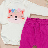 Conjunto de Bebê Body e Calça Raposa Charmosa Creme com Pink