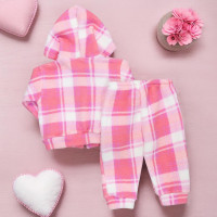 Conjunto para Bebê Menina com Casaquinho Sherpa Xadrez Rosa
