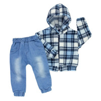 Conjunto para Bebê Menino Sherpa com Jeans em Xadrez Azul