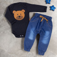 Conjunto Bebê Urso Charmoso Body Preto Bordado e Calça Jeans