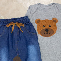 Conjunto para Bebê Urso Body Bordado Mescla e Calça Jeans