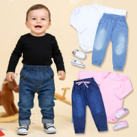 Look Completo Bebê Body Longo, Calça Jeans e Tênis Rosa 