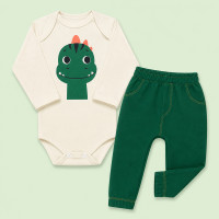 Conjunto Bebê Body Manga Longa Estampa Dino e Calça Jogger Ecolinho